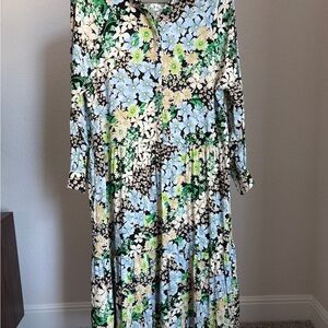 Floral Long Sleeve Dress - Blue and Green
